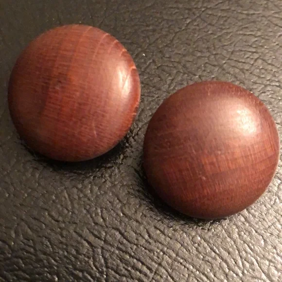 Vintage Brown Matte Wood Oversized Comfort Clip Earrings Made in Germany - #436 - Picture 4 of 6